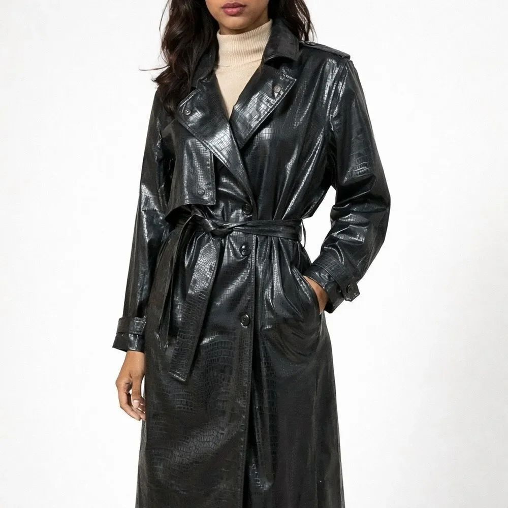Wippette Ken Sporn Vintage Vinyl Croc Embossed Print Double Breasted Trench Coat